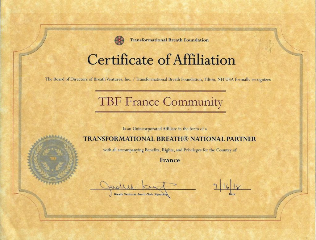 Certificat d'affiliation à la Transformational Breath Foundation